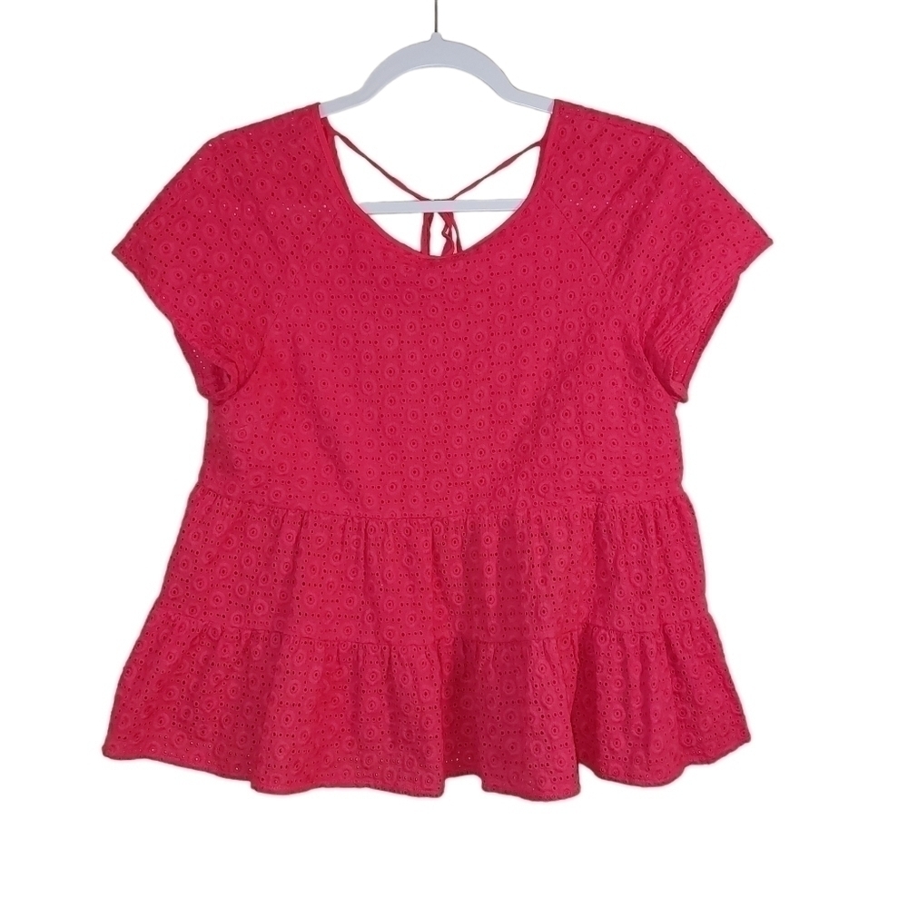 SUGAR + LIPS LADIES EYELET RUFFLE CAP SLEEVE TOP- M